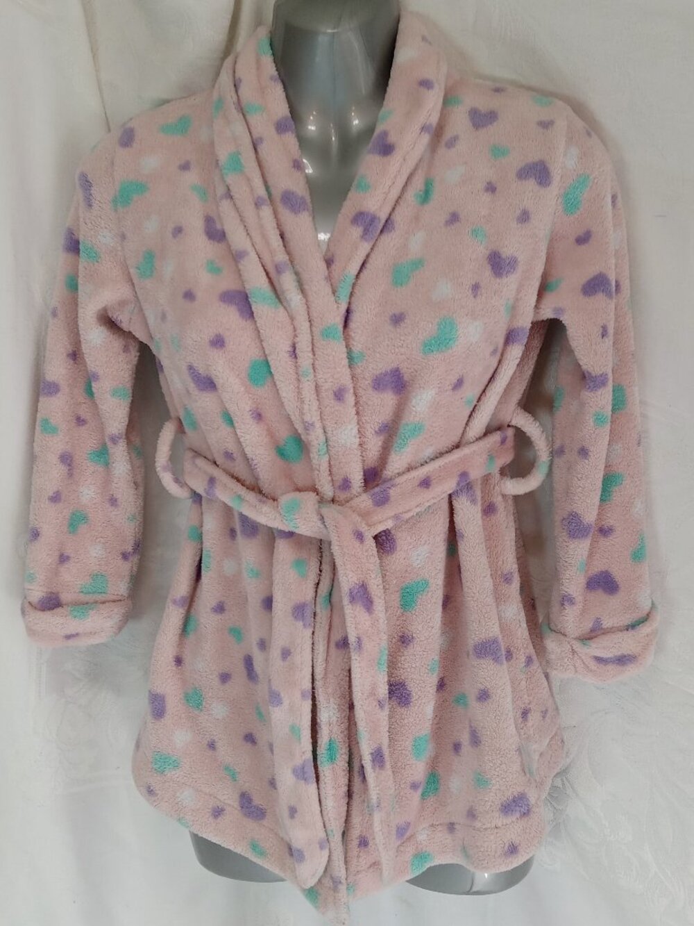 Joe Fresh Girls Size 6 Pink Purple Heart Blue Robe Housecoat Soft Fuzzy Warm